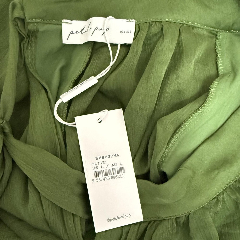 Petal & Pup Dress Womens L Olive Green Chiffon Sleeve Tiered Maxi Peasant Sleeve - Picture 6 of 9